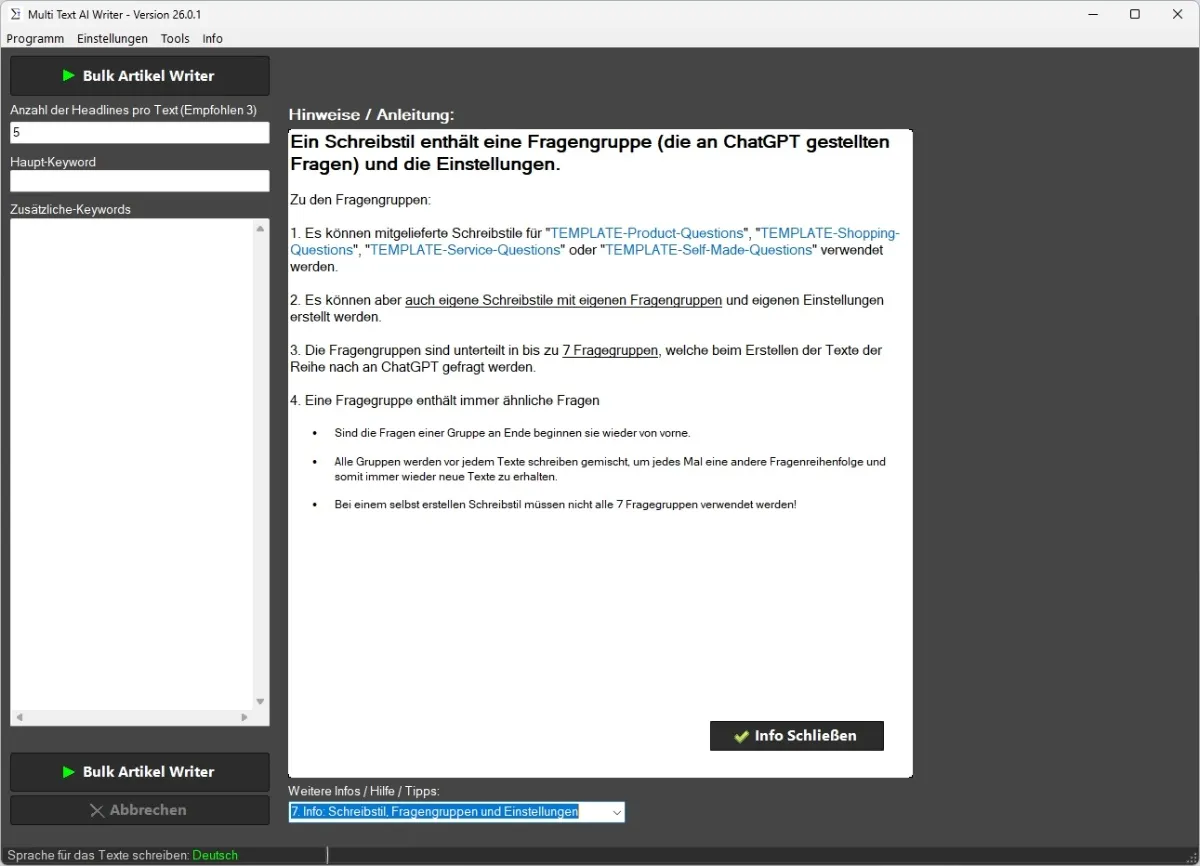 Tool-Oberfläche für neue Texte bei zu kurzen ChatGPT-Antworten