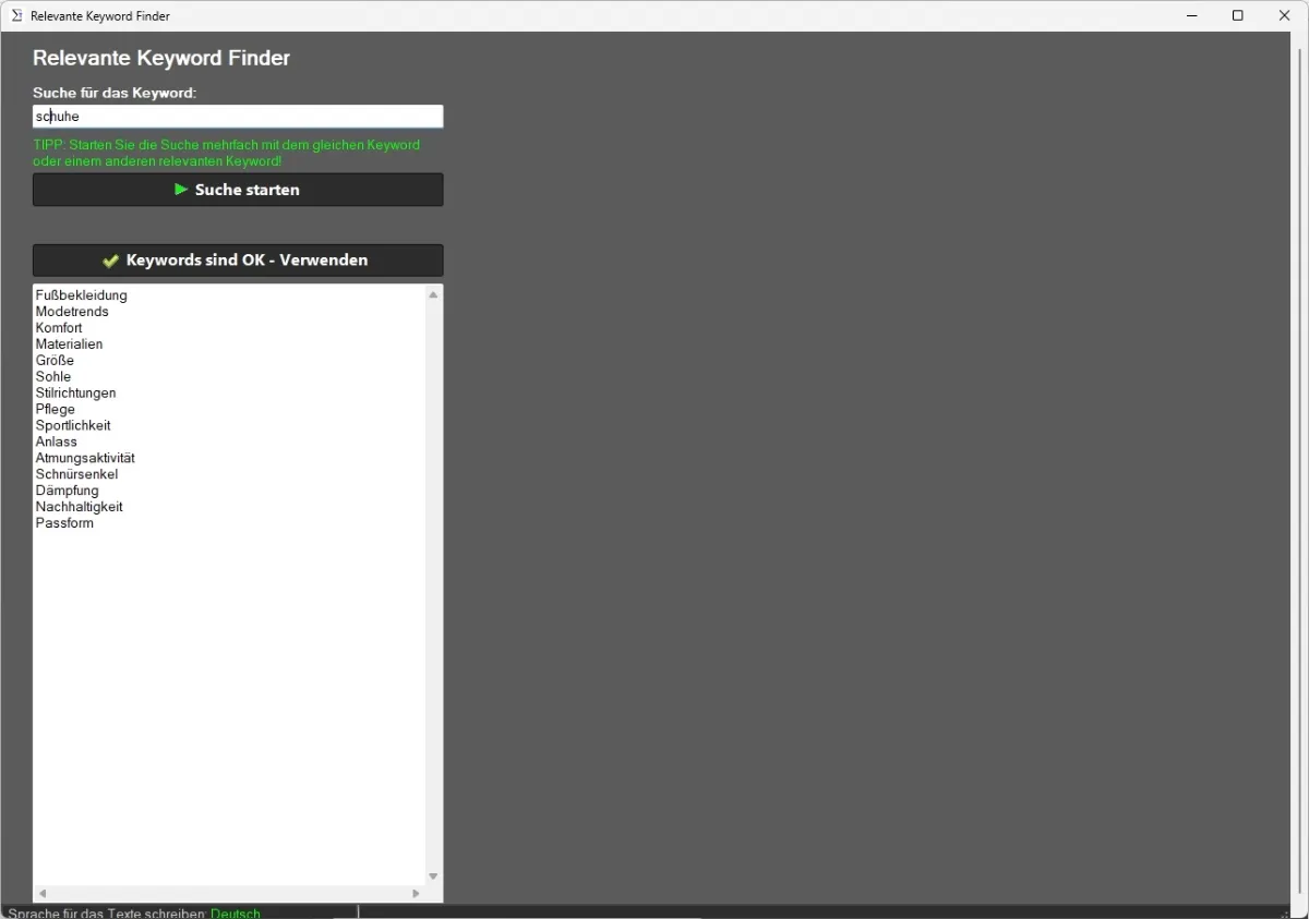 Tool-Screenshot zum Erstellen fertiger WordPress Texte aus Thema oder Keyword